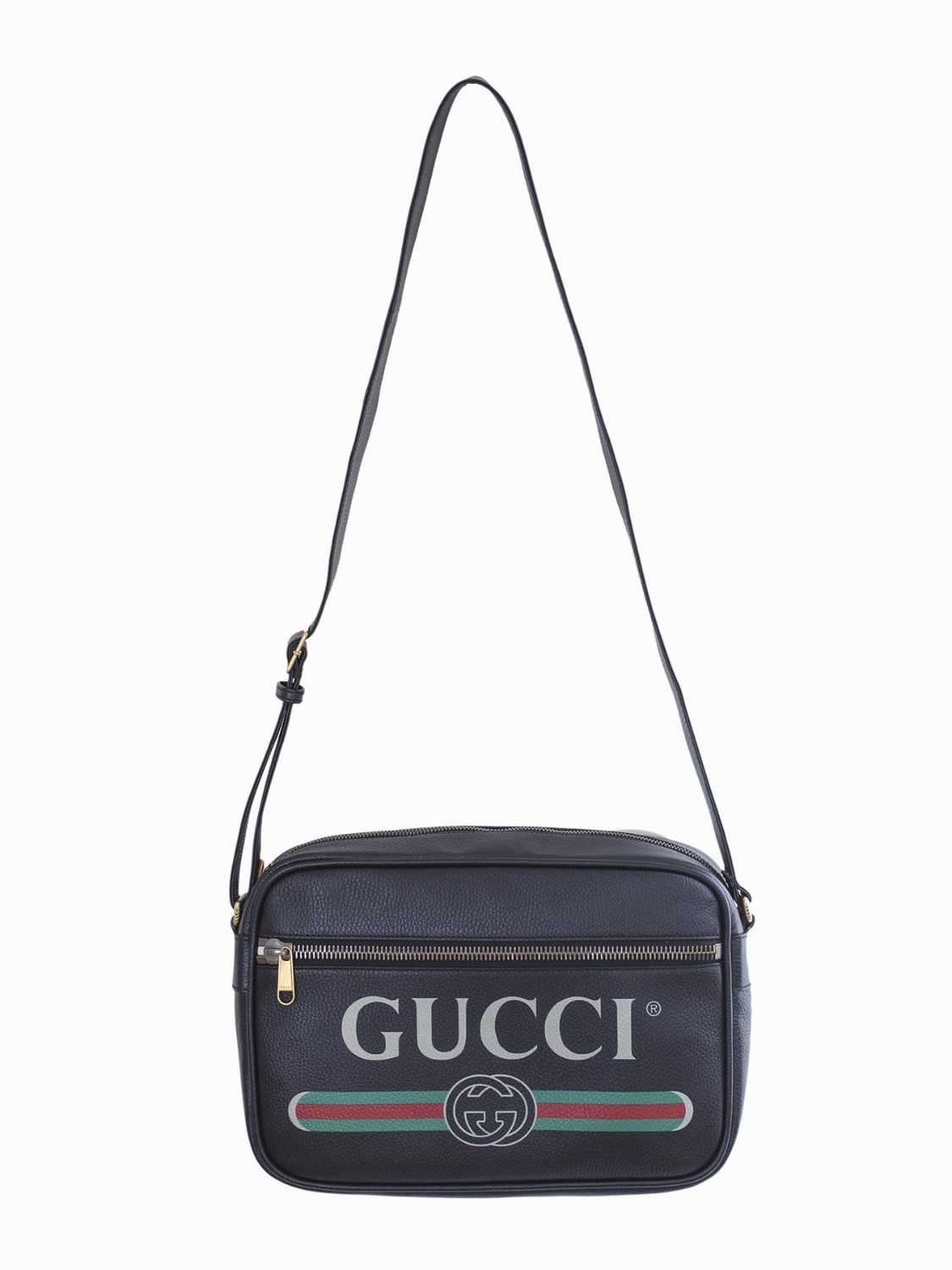 shop GUCCI Saldi Borsa: Gucci Black leather with Gucci vintage logo crossbody bag.
Brass hardware.
Front zipper pocket.
Interior zipper pocket and two smartphone pockets.
Adjustable leather strap with 19.5" drop.
Top zipper closure.
Dimensions: Length 33.5 cm, Height 23.5 cm, Depth 9.5 cm.
Cotton and linen lining.
Made in Italy.. 523589 0QRAT-8163 number 8209680